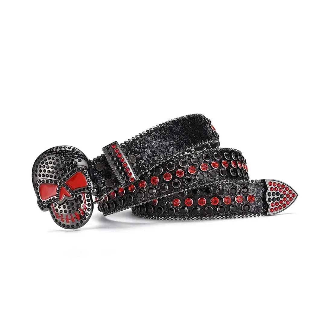 Rhinestone Skull Buckle Black Strap With Black & Red Studded Belt