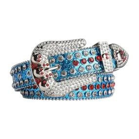 Rhinestone Skull Buckle Blue Strap With Blue & Red Studded Belt