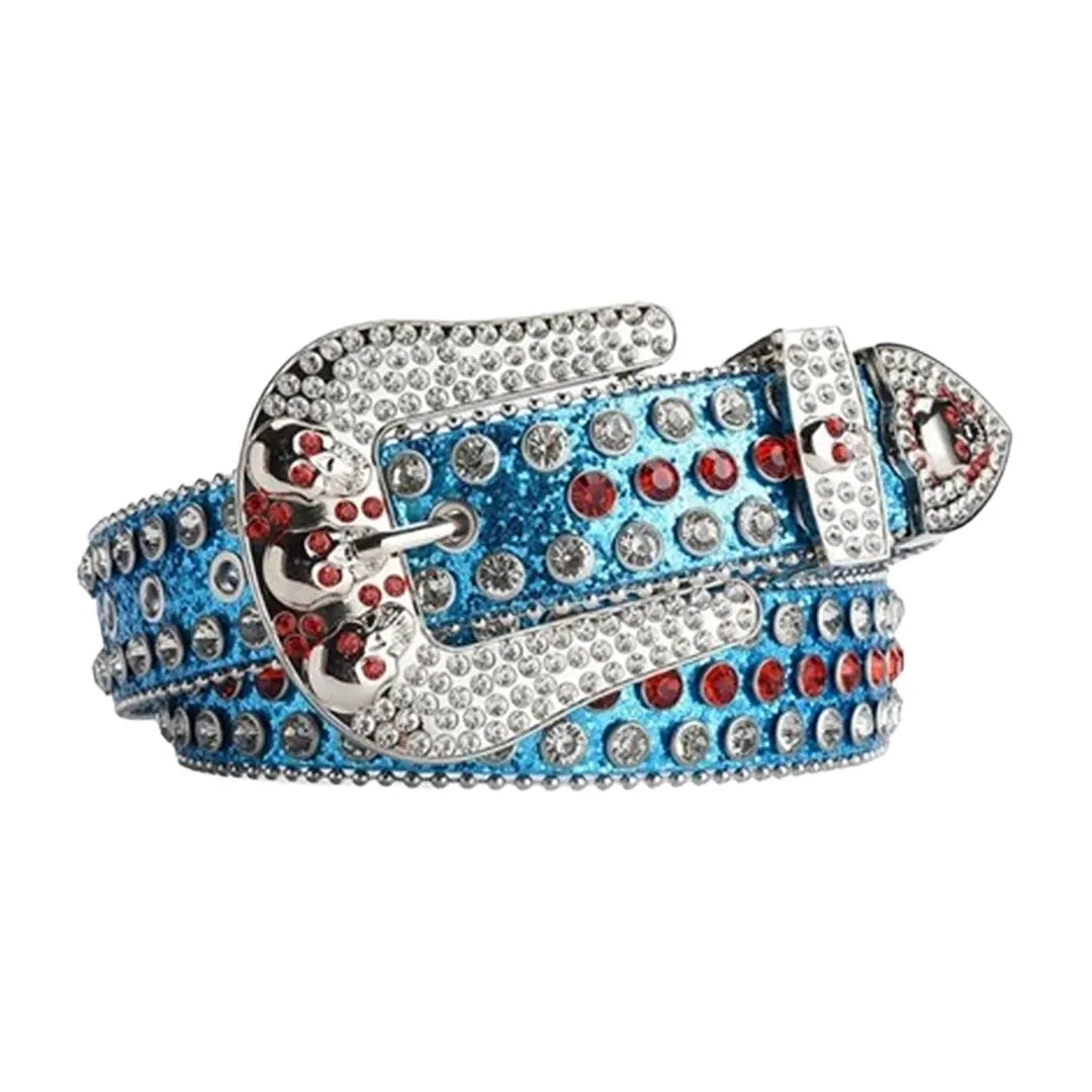 Rhinestone Skull Buckle Blue Strap With Blue & Red Studded Belt