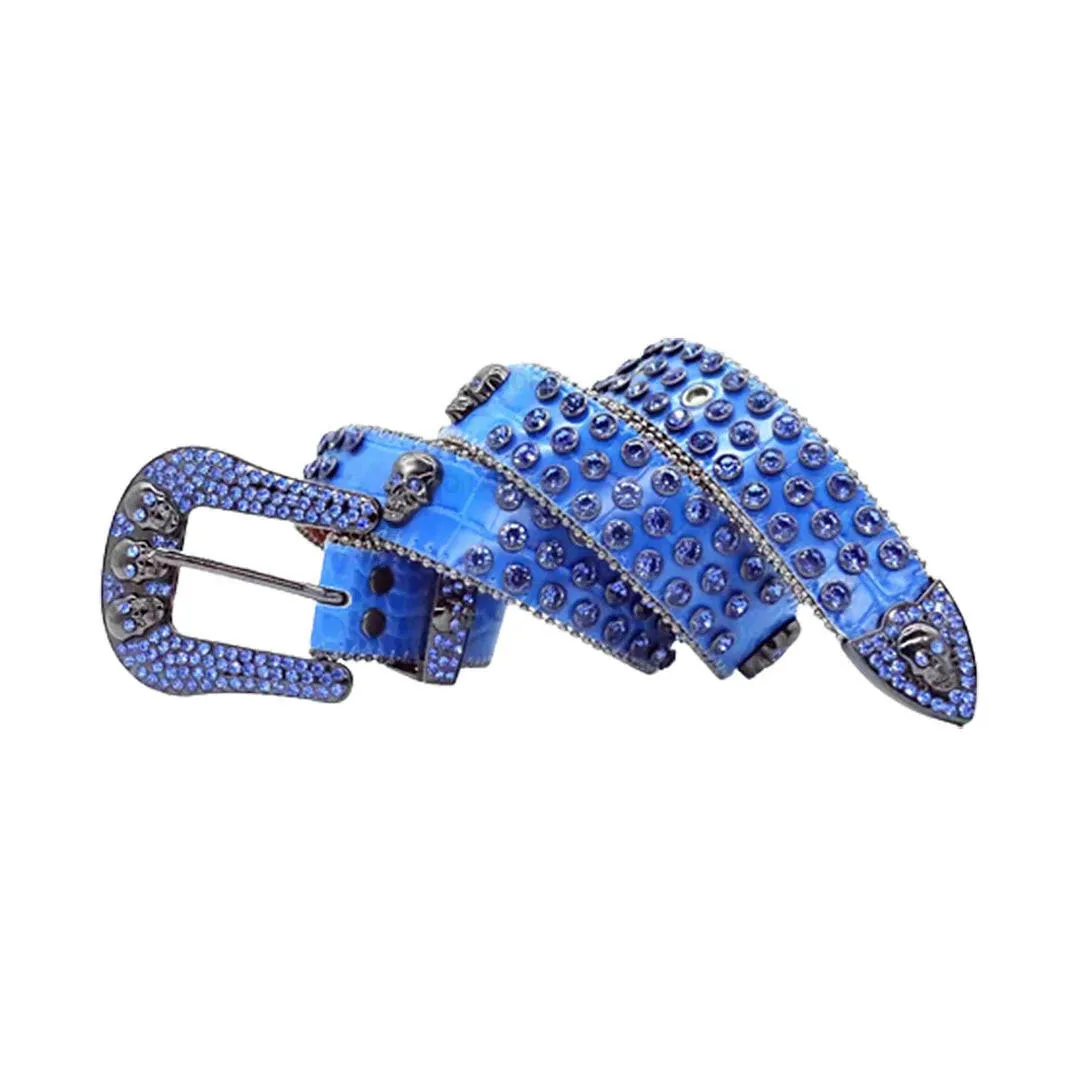 Rhinestone Skull Buckle Blue Strap With Blue Studded Belt