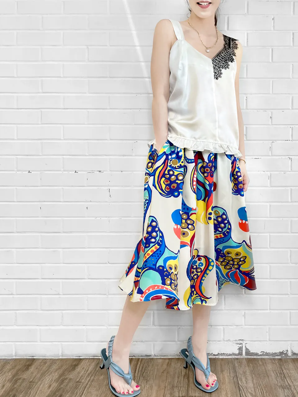 SPECIAL! Ivory White Asymmetrical Lace Strap Ruffle Hem Silk Tank