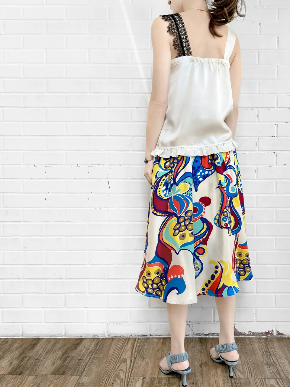 SPECIAL! Ivory White Asymmetrical Lace Strap Ruffle Hem Silk Tank