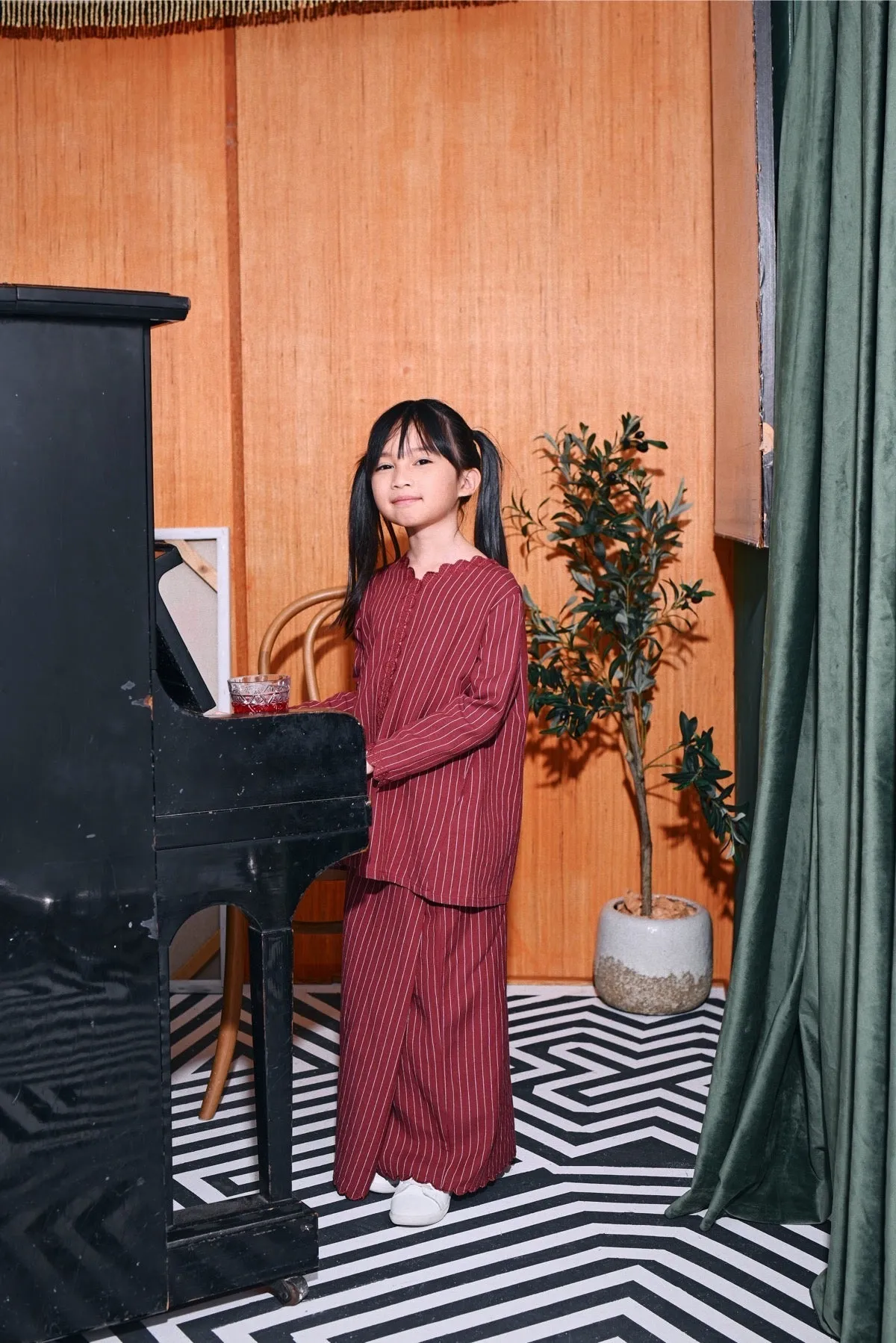 The Congkak Folded Skirt - Maroon Stripe