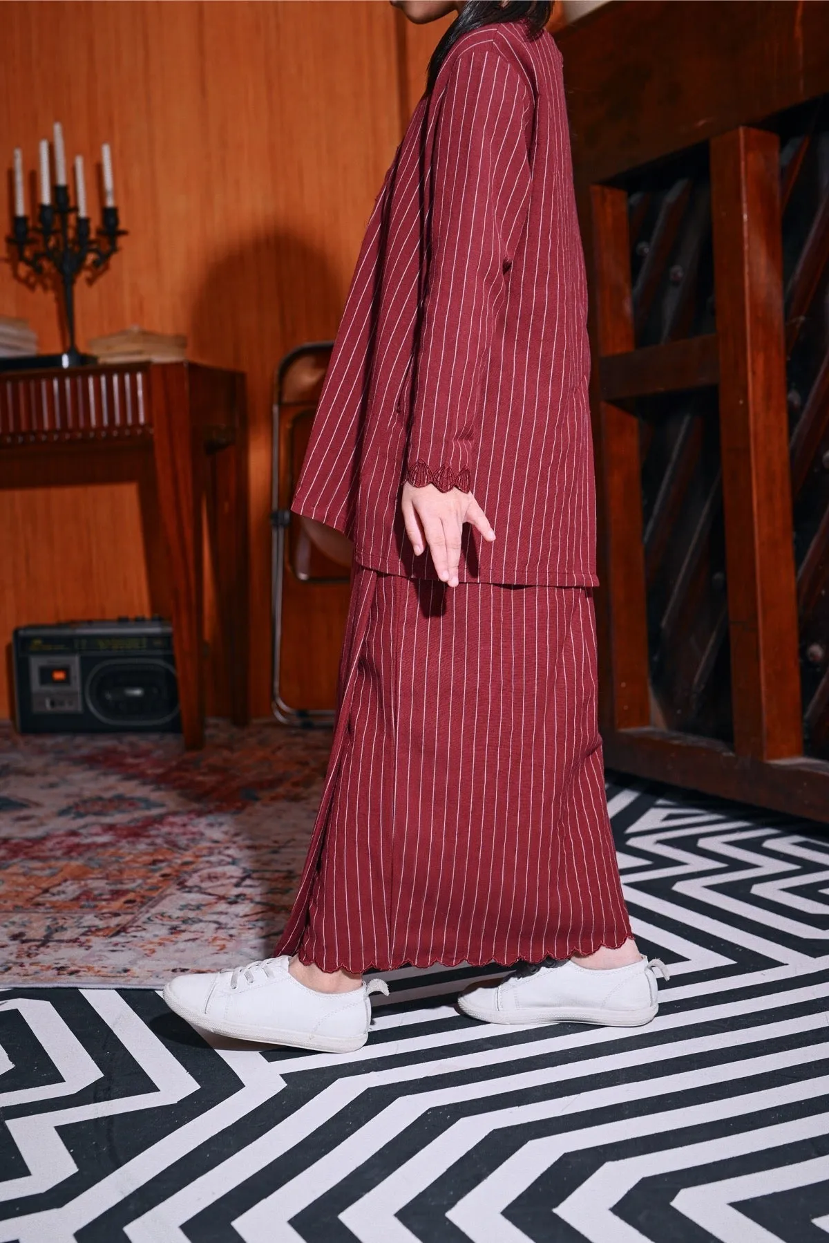 The Congkak Folded Skirt - Maroon Stripe