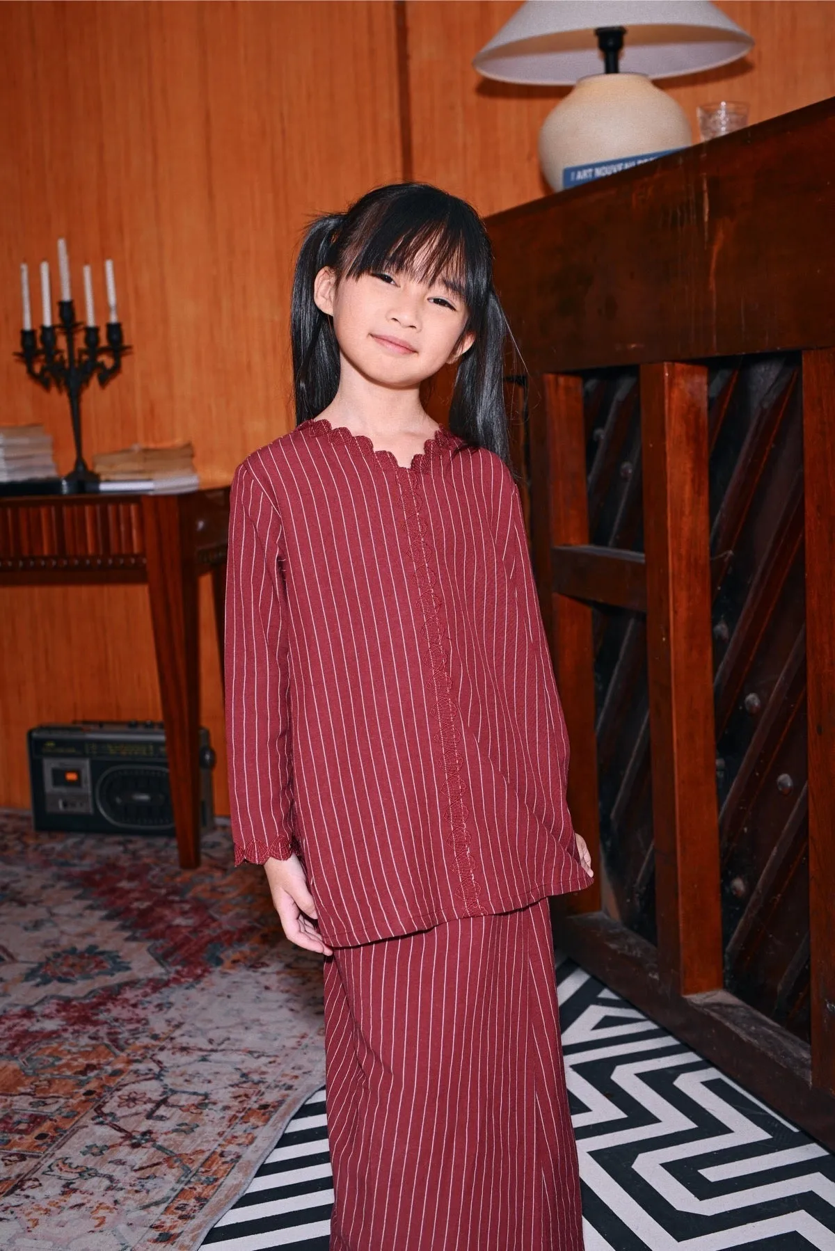 The Congkak Folded Skirt - Maroon Stripe