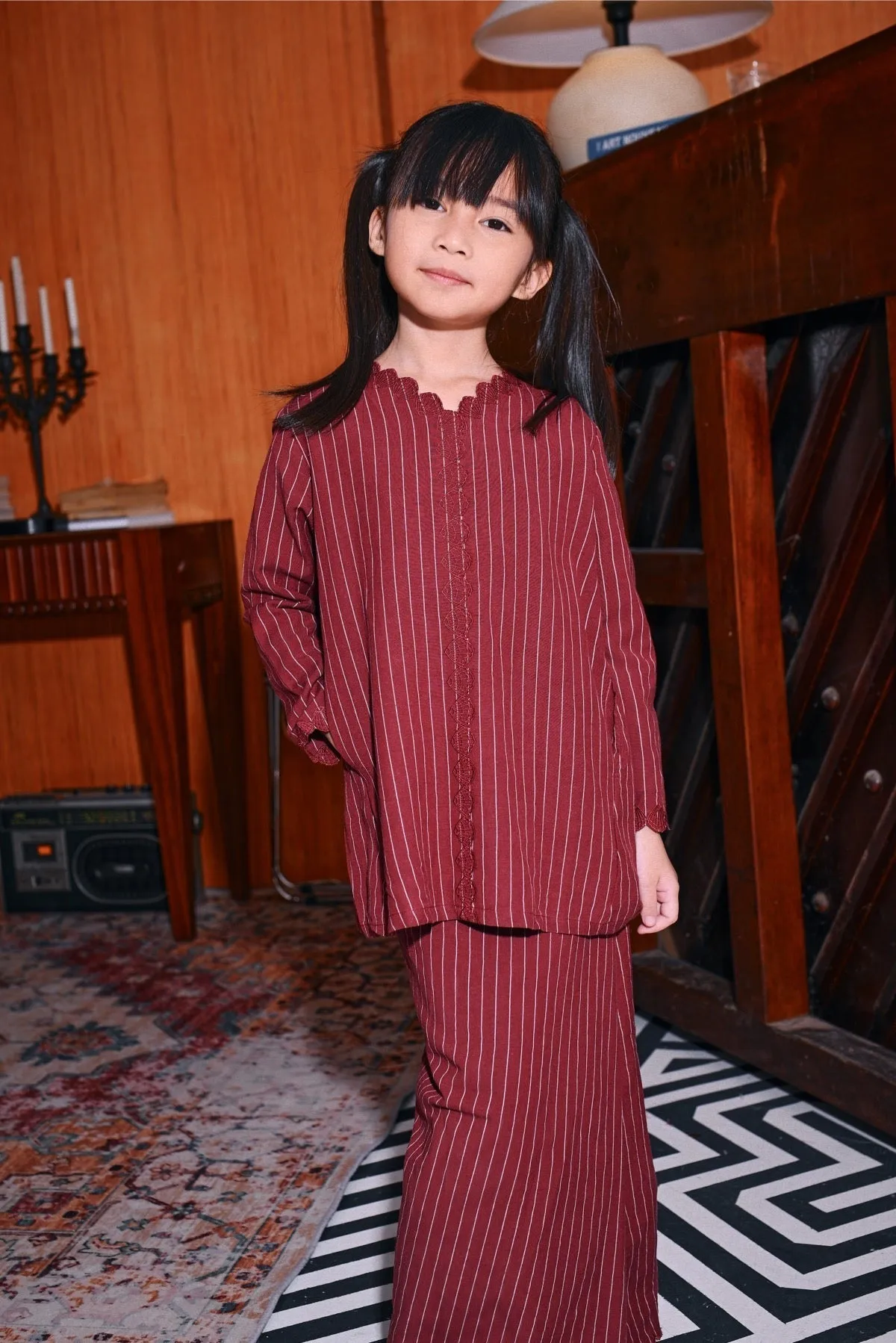 The Congkak Folded Skirt - Maroon Stripe