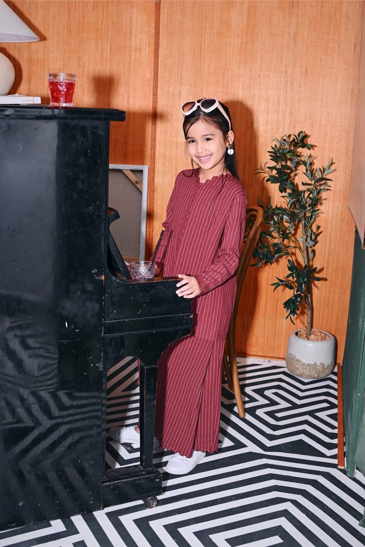 The Congkak Folded Skirt - Maroon Stripe