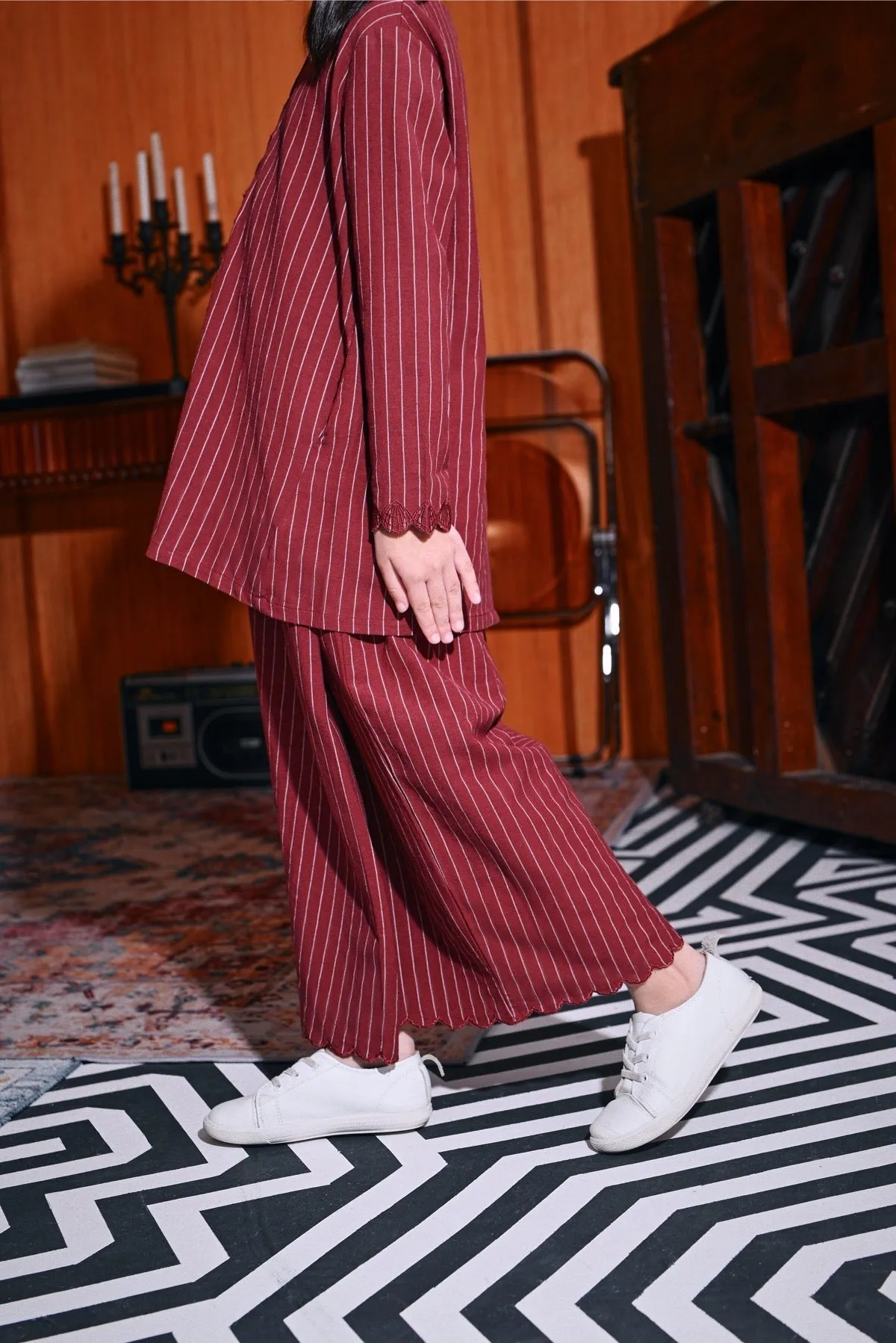 The Congkak Folded Skirt - Maroon Stripe