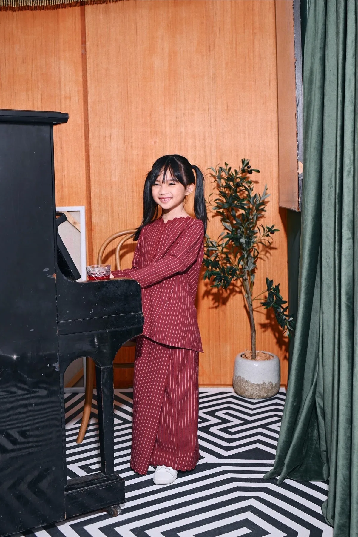 The Congkak Folded Skirt - Maroon Stripe