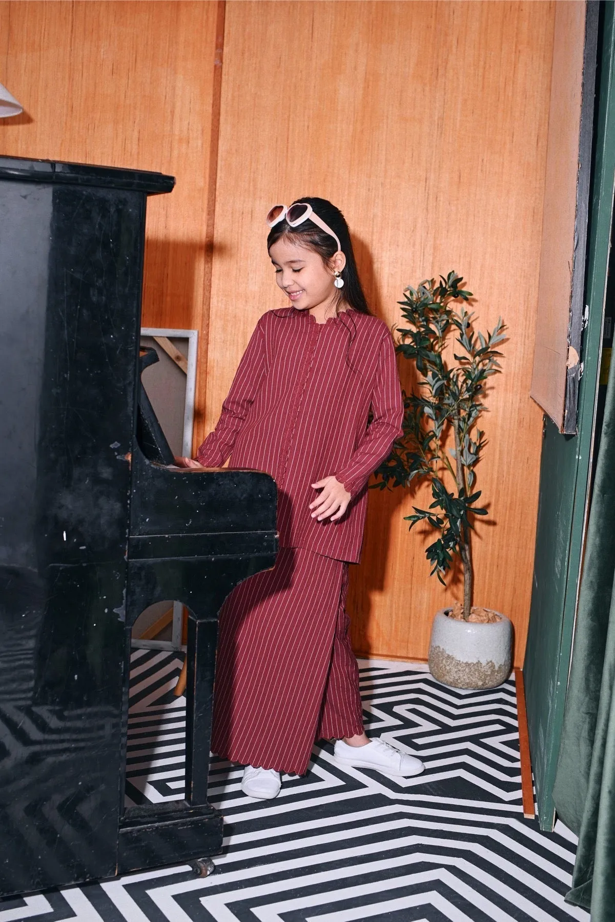 The Congkak Folded Skirt - Maroon Stripe