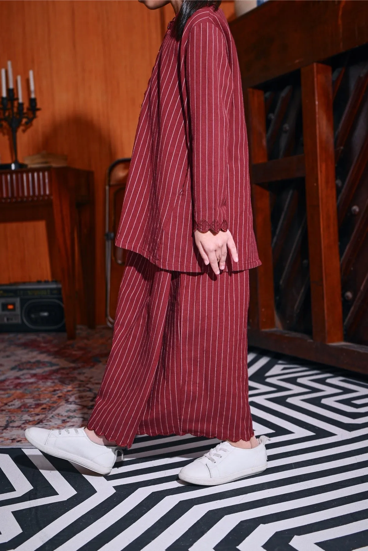 The Congkak Folded Skirt - Maroon Stripe
