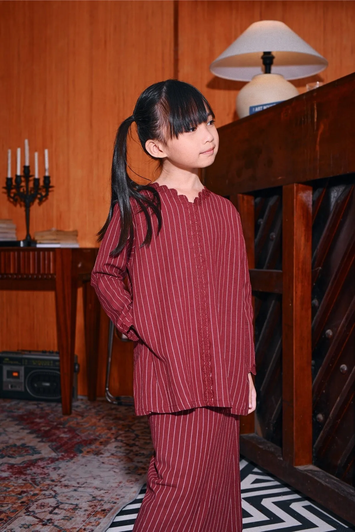 The Congkak Folded Skirt - Maroon Stripe