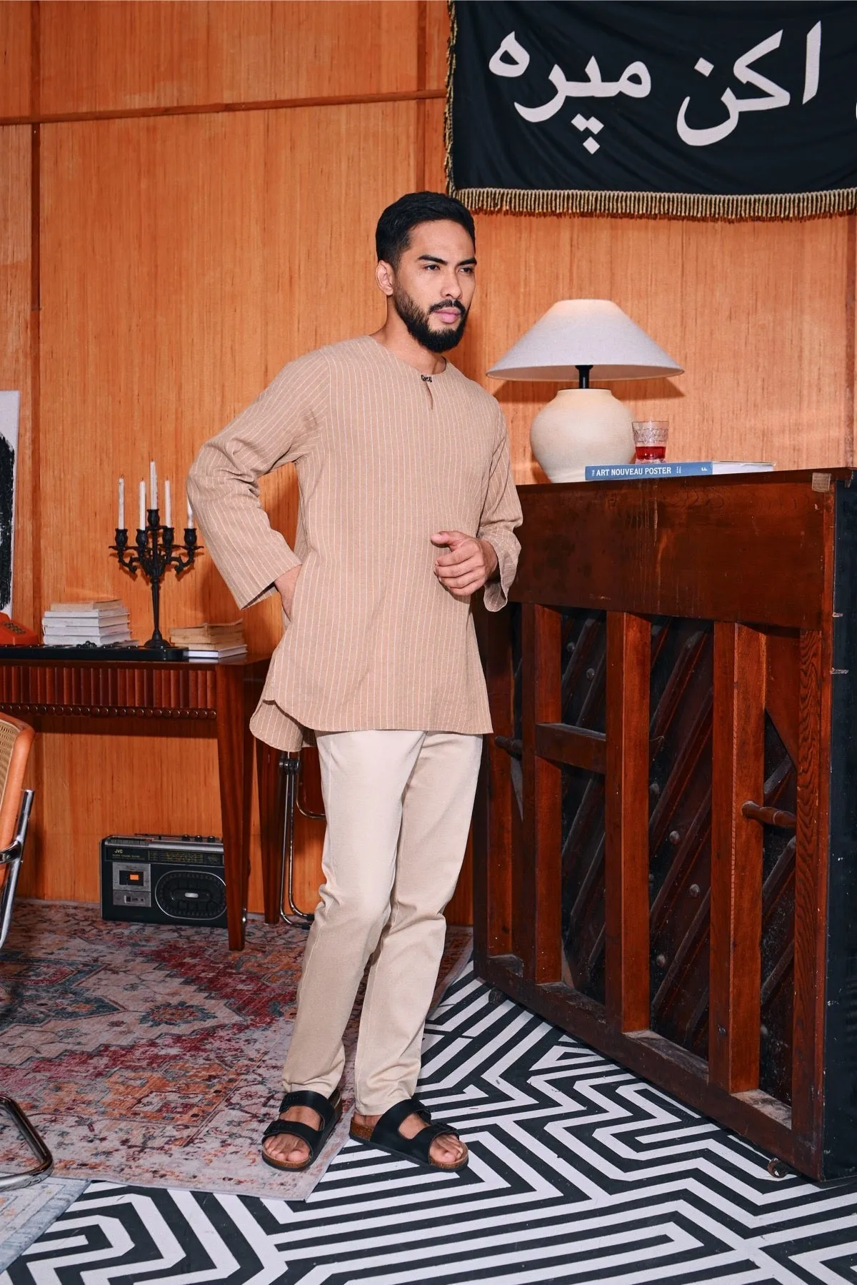 The Congkak Men Kurta - Khaki Stripe