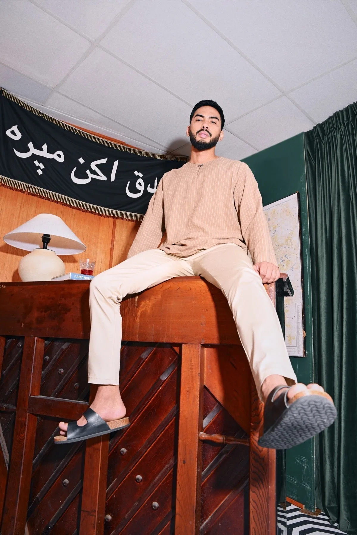 The Congkak Men Kurta - Khaki Stripe