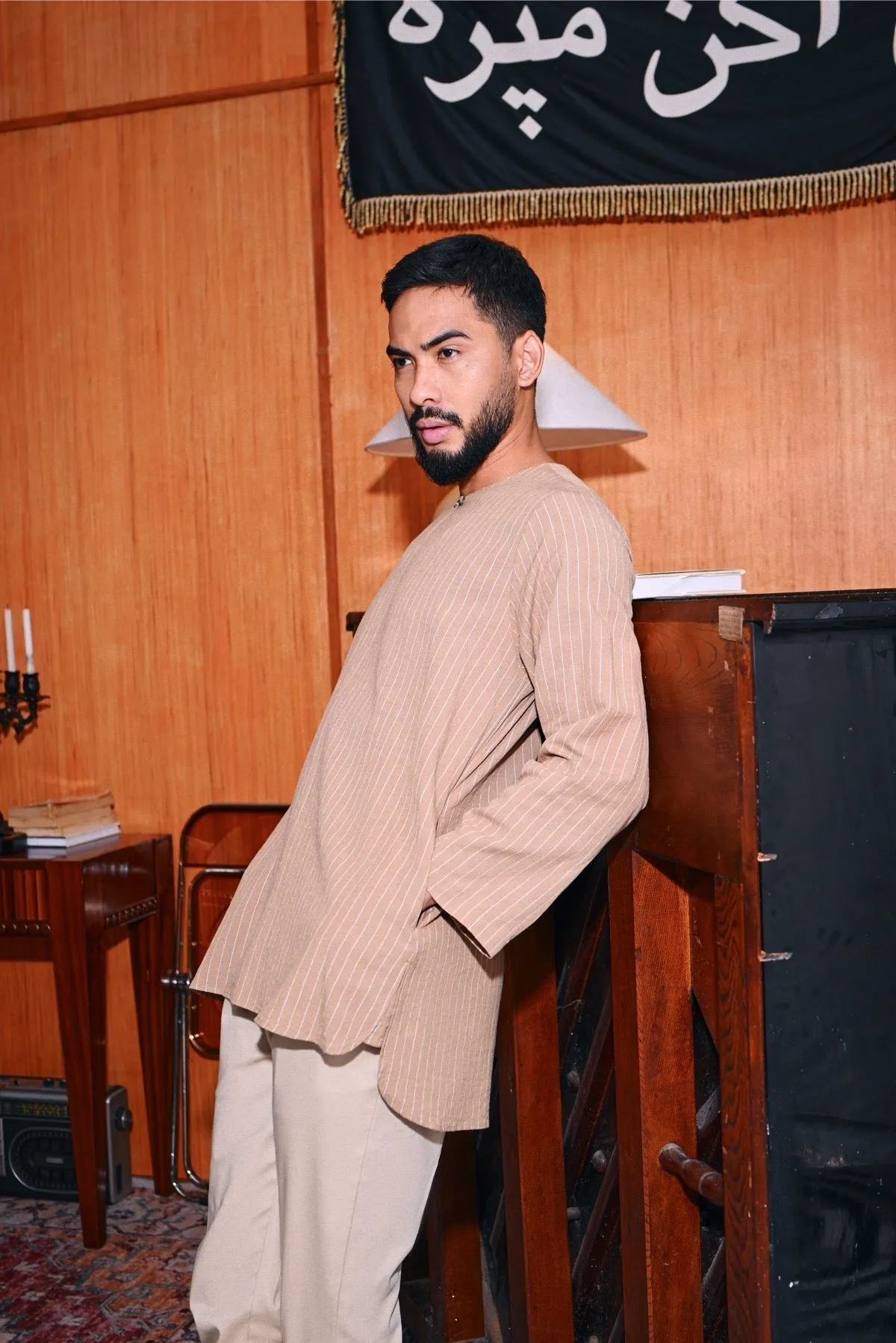 The Congkak Men Kurta - Khaki Stripe