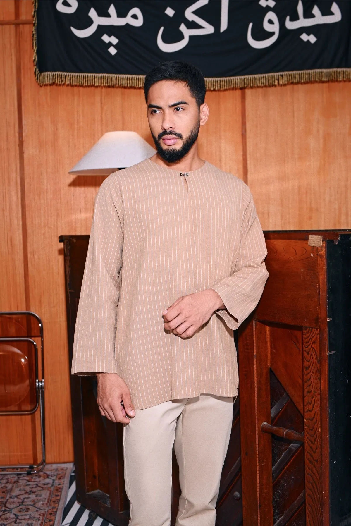 The Congkak Men Kurta - Khaki Stripe