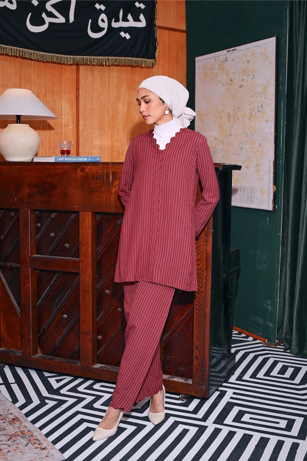The Congkak Women Folded Skirt - Maroon Stripe