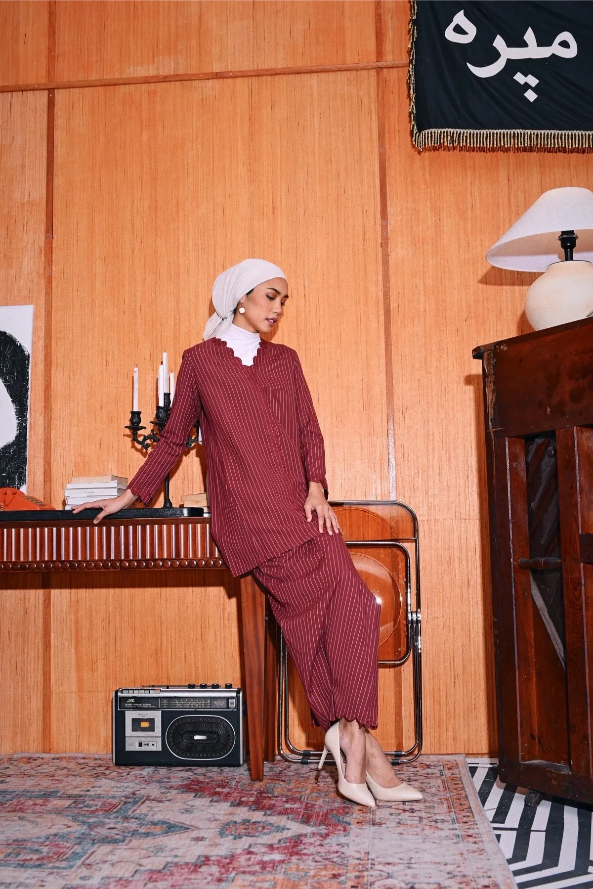 The Congkak Women Folded Skirt - Maroon Stripe
