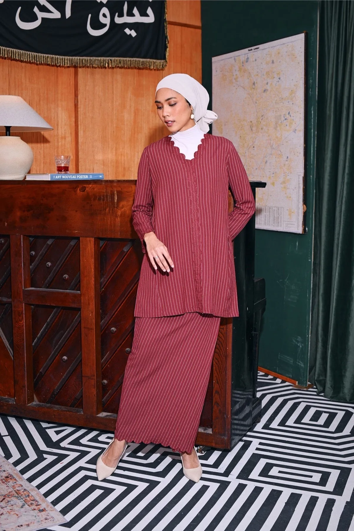 The Congkak Women Folded Skirt - Maroon Stripe