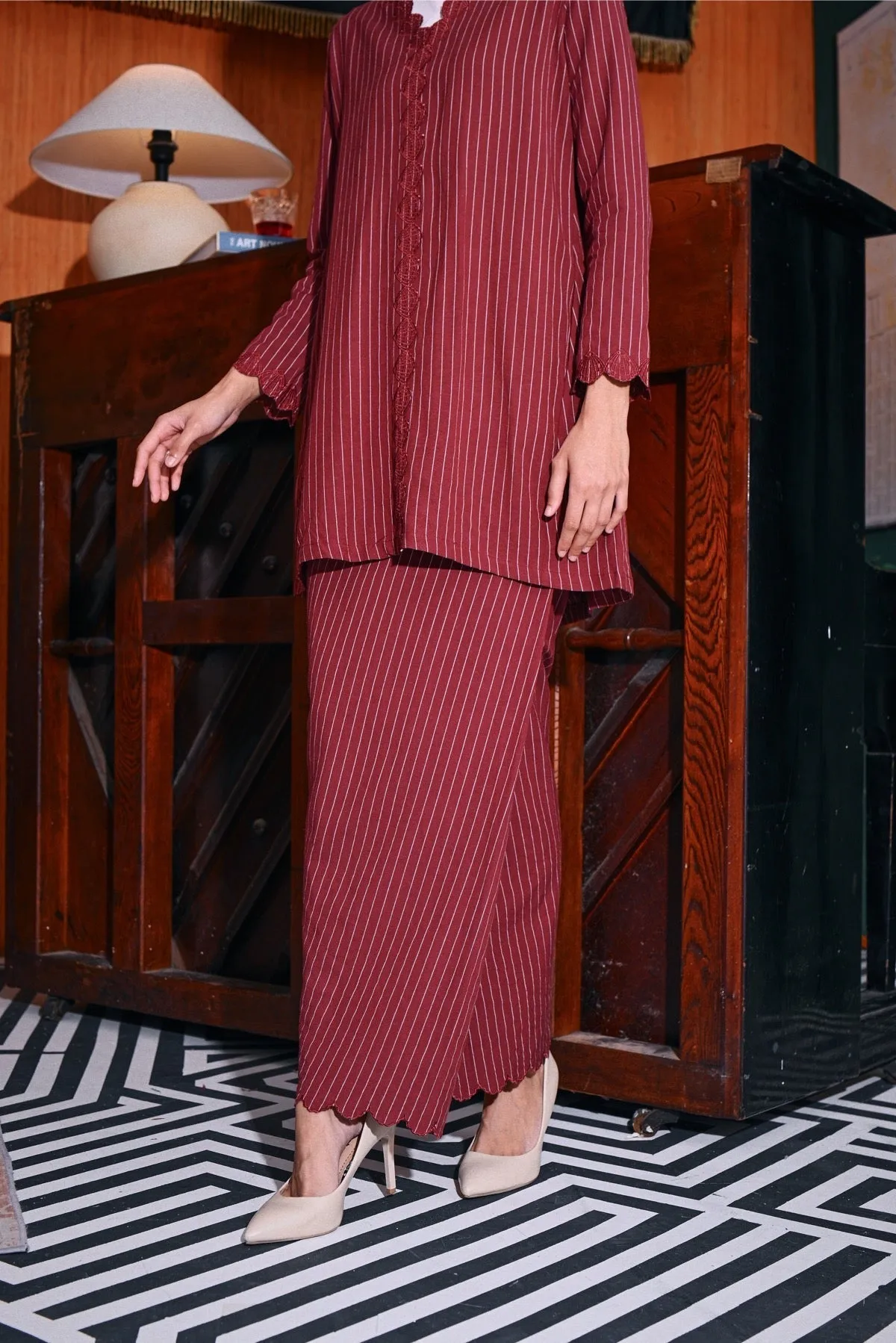The Congkak Women Folded Skirt - Maroon Stripe
