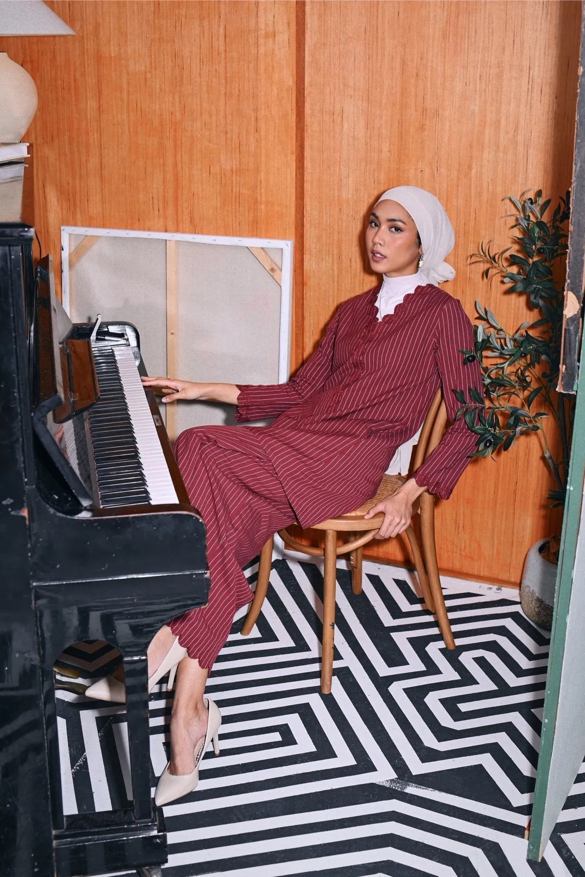 The Congkak Women Folded Skirt - Maroon Stripe