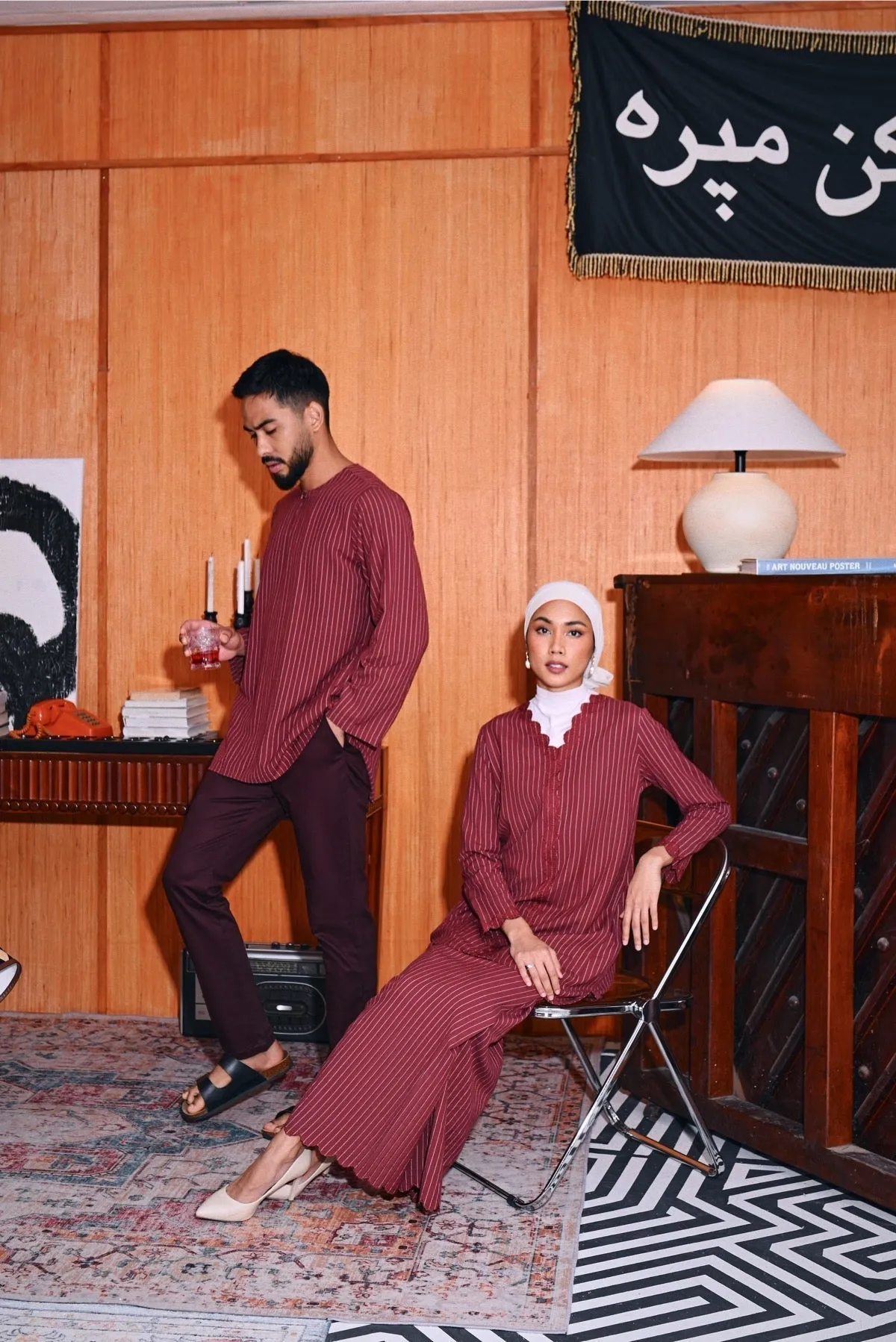 The Congkak Women Folded Skirt - Maroon Stripe