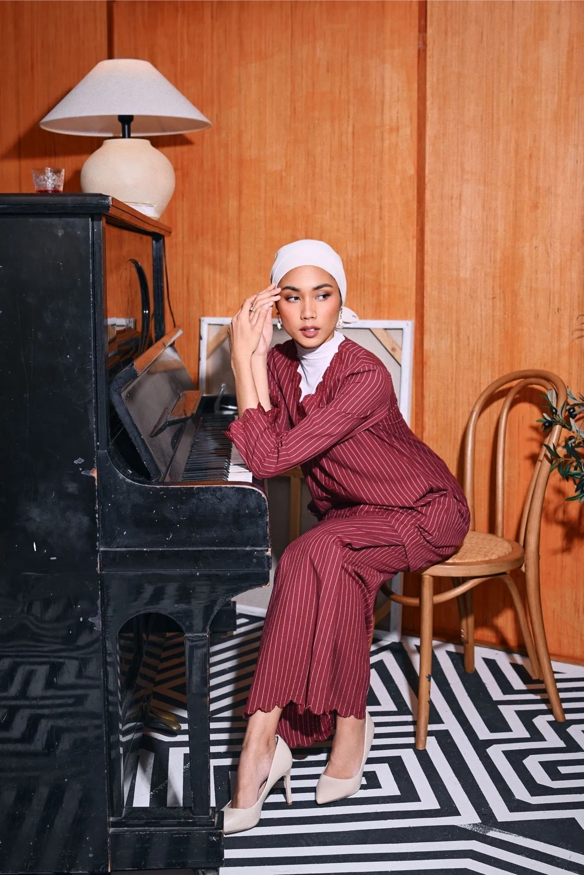 The Congkak Women Folded Skirt - Maroon Stripe