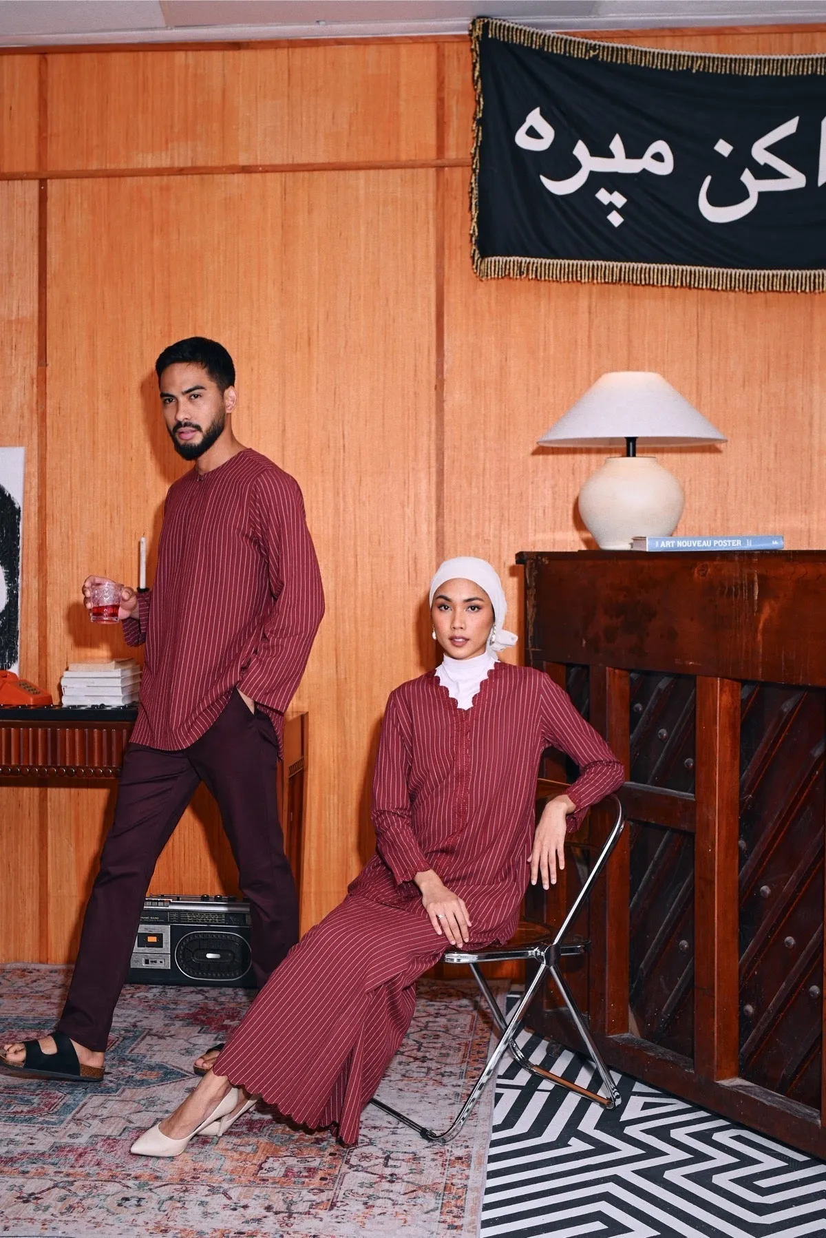 The Congkak Women Folded Skirt - Maroon Stripe