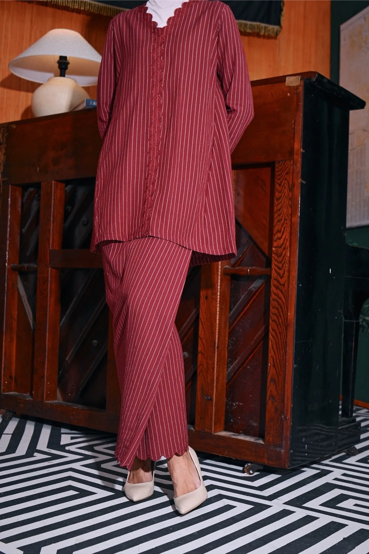 The Congkak Women Folded Skirt - Maroon Stripe