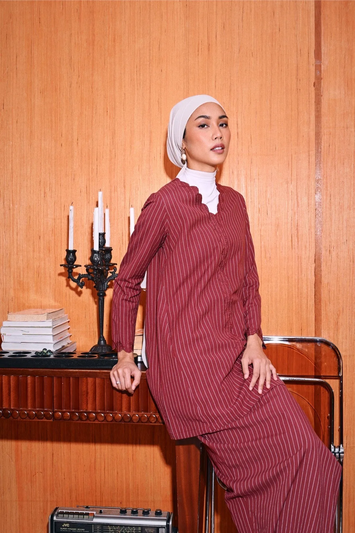 The Congkak Women Folded Skirt - Maroon Stripe