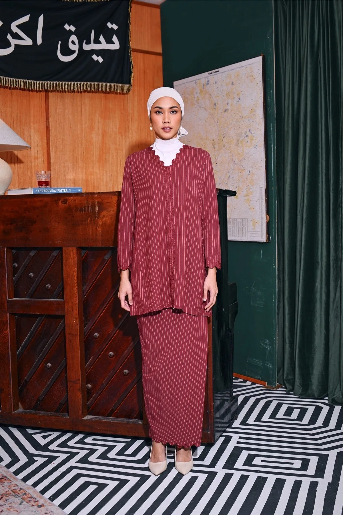 The Congkak Women Folded Skirt - Maroon Stripe