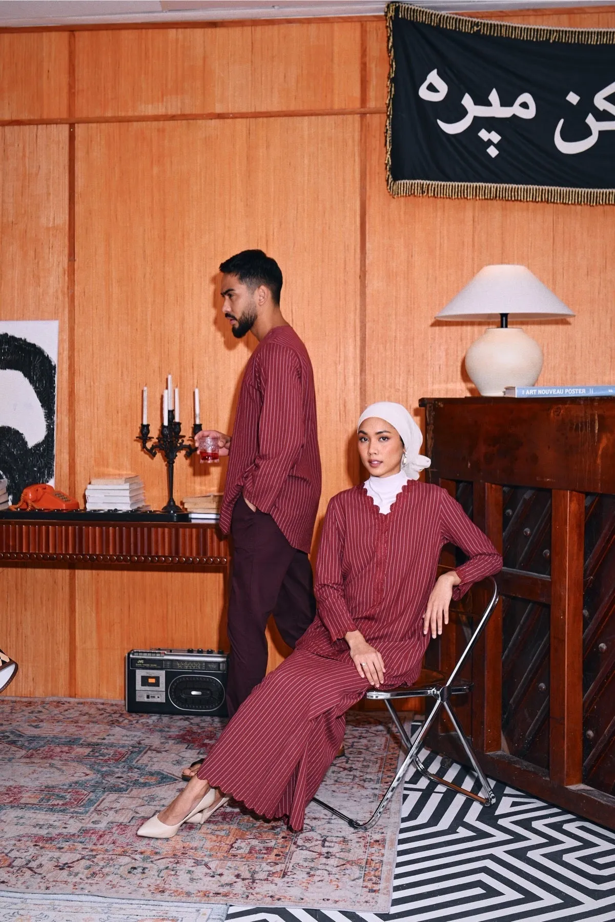 The Congkak Women Folded Skirt - Maroon Stripe