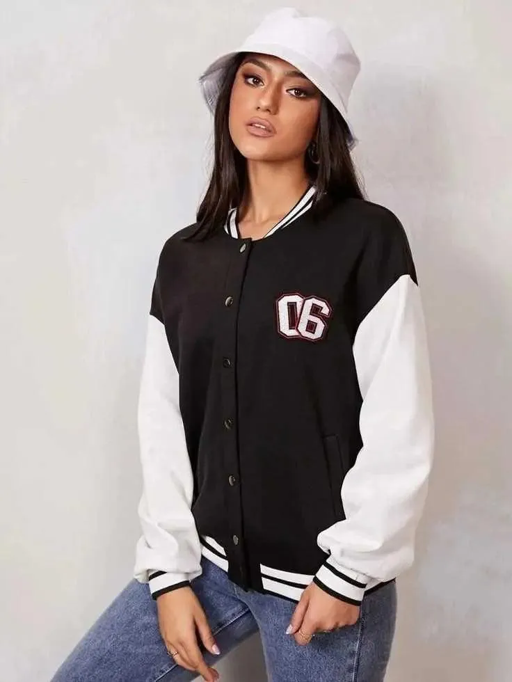 Women's Button Down Baseball Varsity Bomber Jacket 06