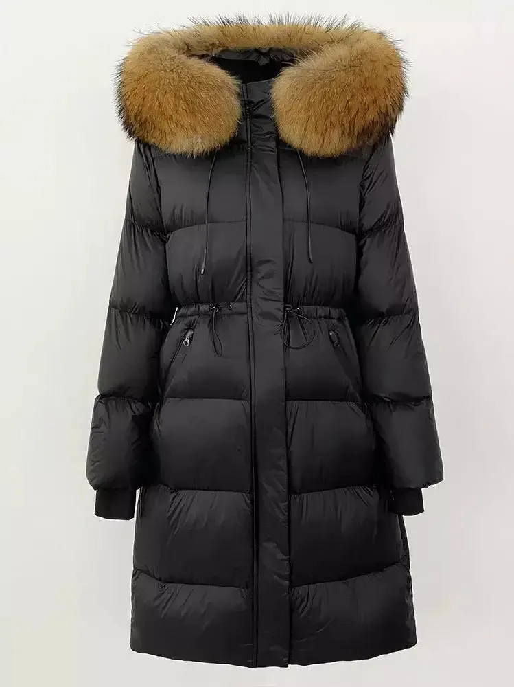 Women’s Drawstring Waist Long Down Coat in Black with Natural Fur Hood