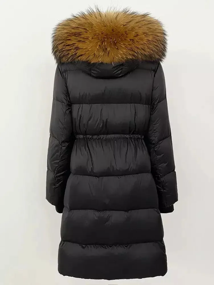 Women’s Drawstring Waist Long Down Coat in Black with Natural Fur Hood