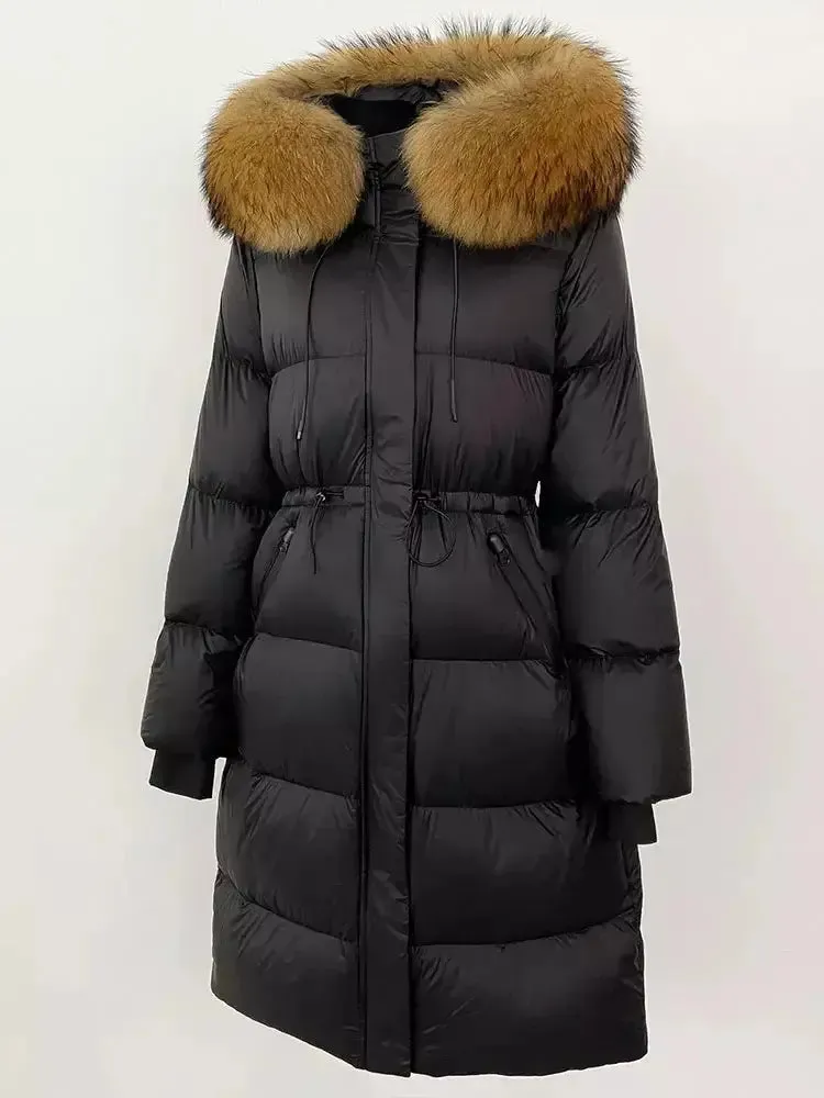 Women’s Drawstring Waist Long Down Coat in Black with Natural Fur Hood