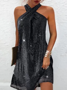 Women's Little Black Dress Sexy Dress Black Sequin Dress Party Dress Homecoming Dress Mini Dress Fuchsia Sleeveless Spring Fall Halter Neck Fashion Wedding Guest Vacation