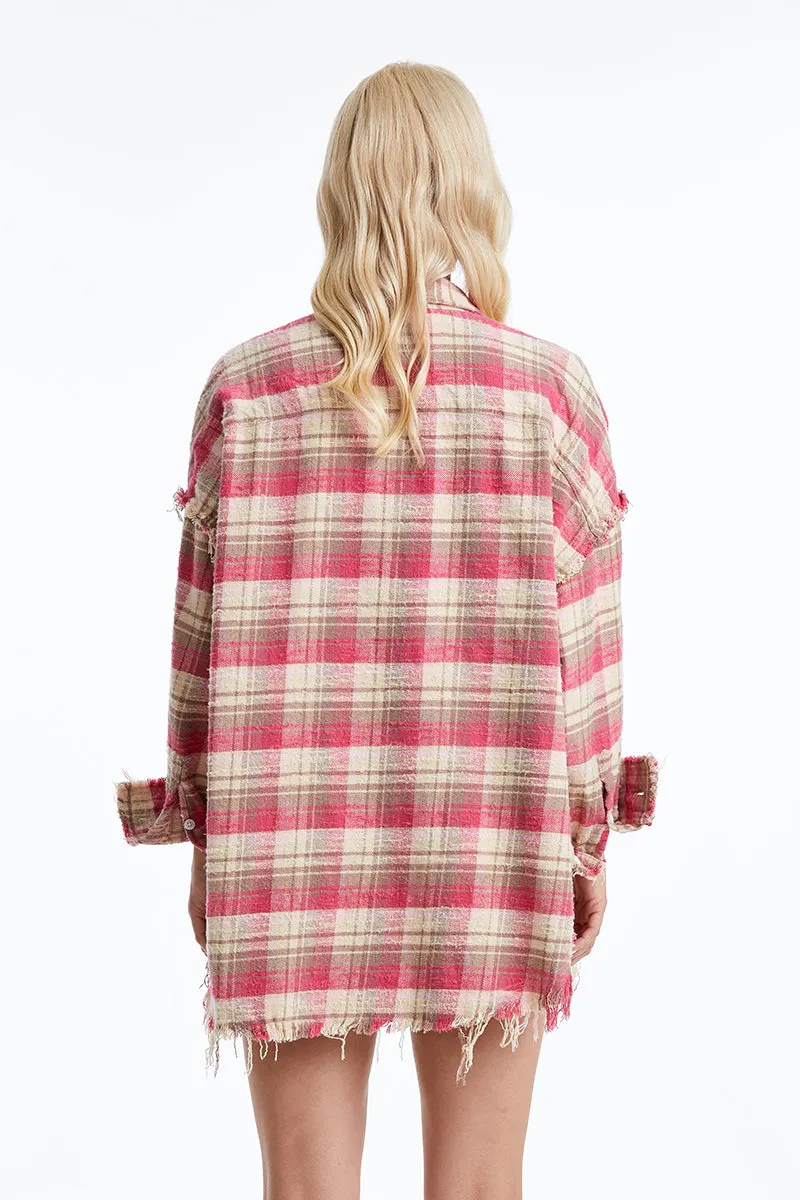 WOMEN'S LONG SLEEVE RAGGED LOOSE SHIRT BYIC005 (BYHE098) PINK/KHAKI PLAID