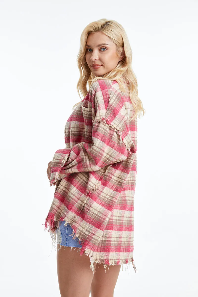 WOMEN'S LONG SLEEVE RAGGED LOOSE SHIRT BYIC005 (BYHE098) PINK/KHAKI PLAID